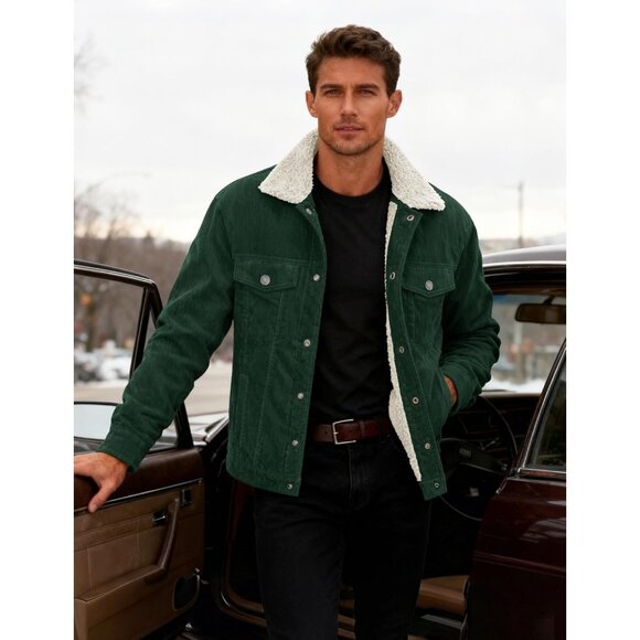 Mens Emerald Green Corduroy Jacket Sherpa Lined Warm Winter Trucker Cargo Coat - Picture 3 of 7